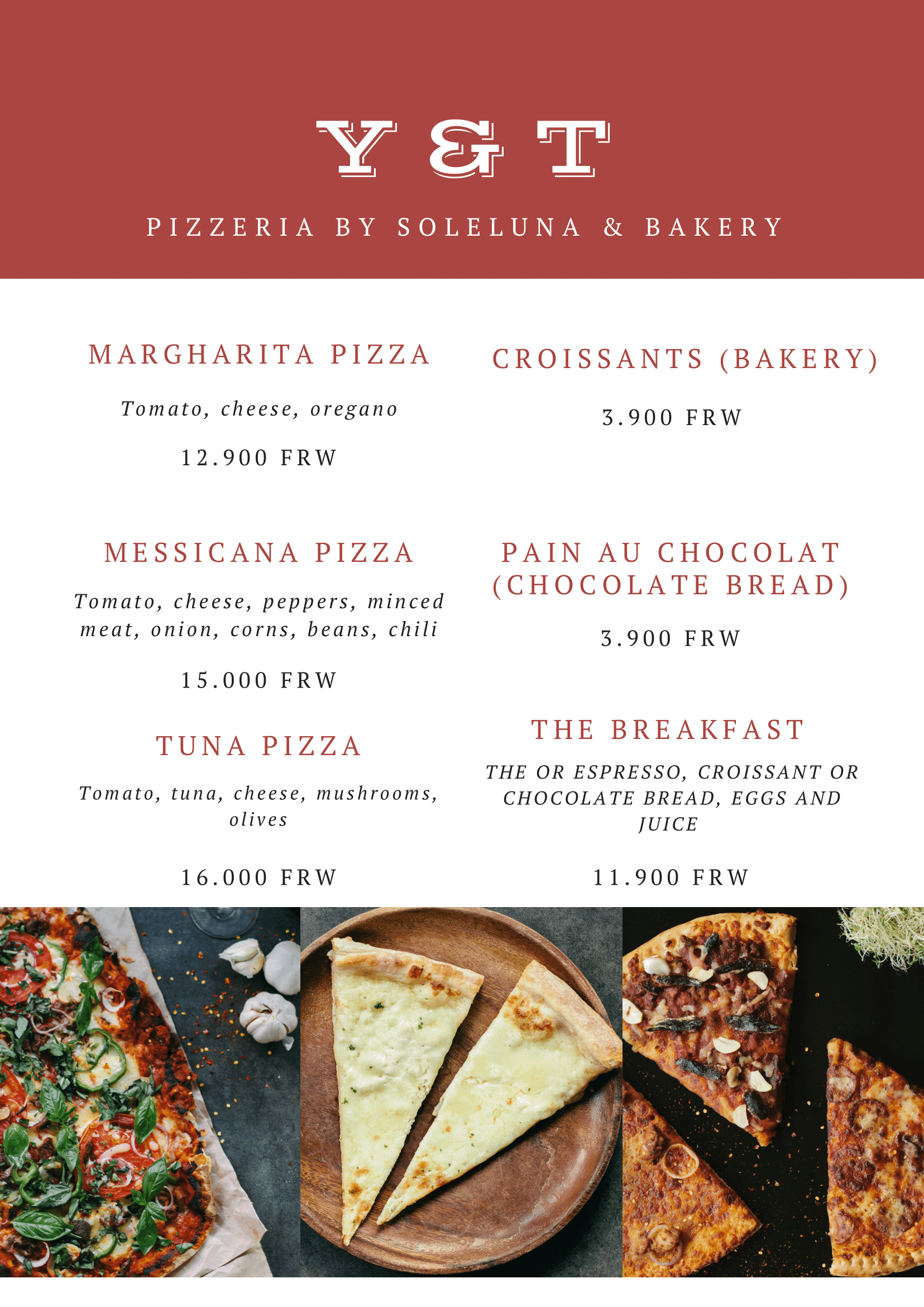 Pizzas, Bakery & Breakfast Menu